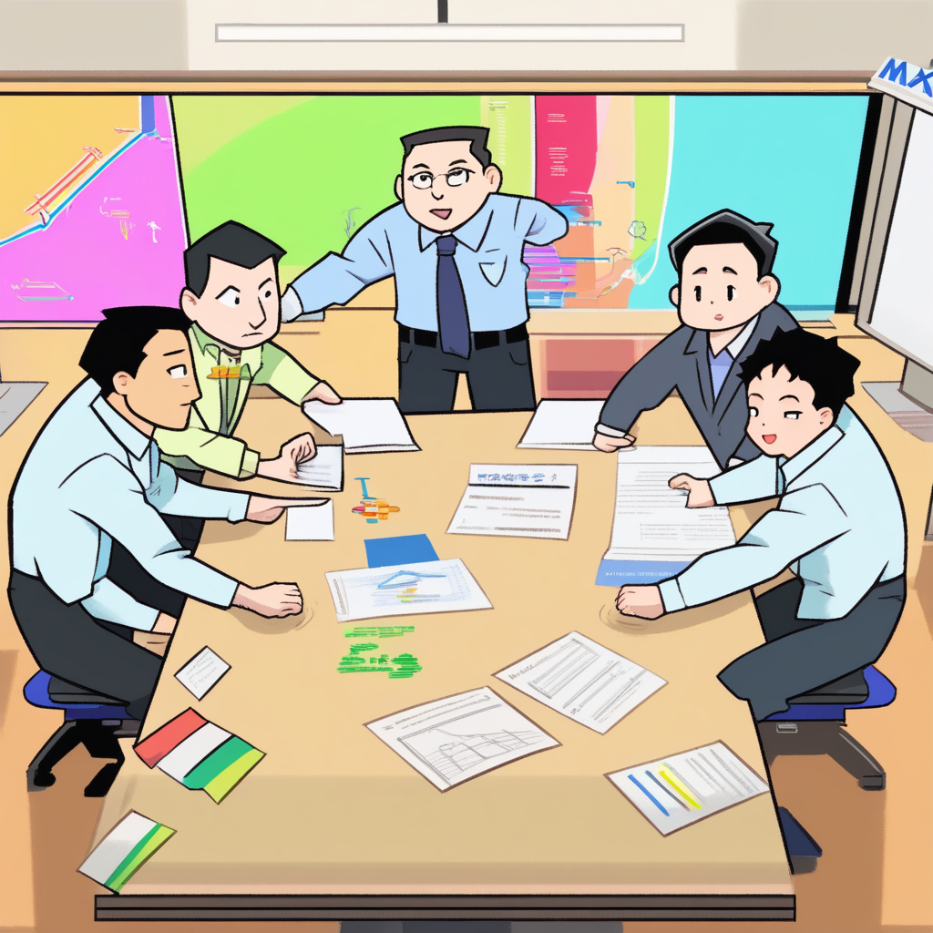 합병 회의에서 악수하는 맥스, 피터, 일론