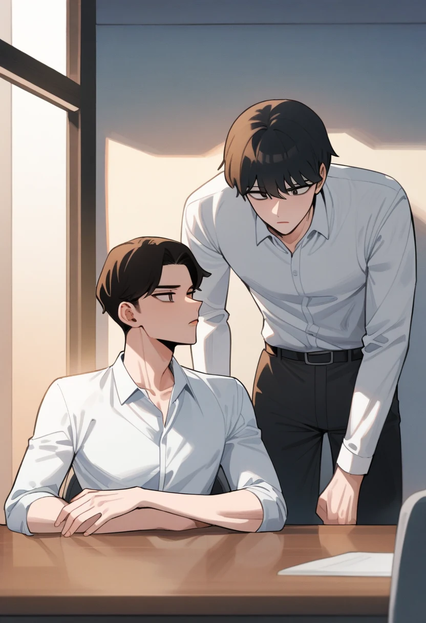 대회의실에서 불안한 표정으로 앉아 있는 JOON과 MIN